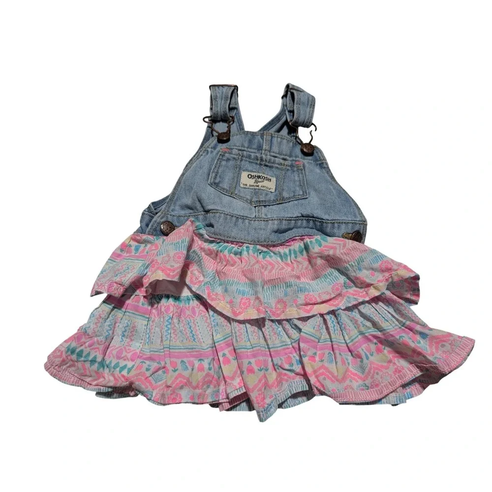 OshKosh Bgosh 12M Denim Overall Dress Tiered Ruffle Geometric Floral‎ Print Blue